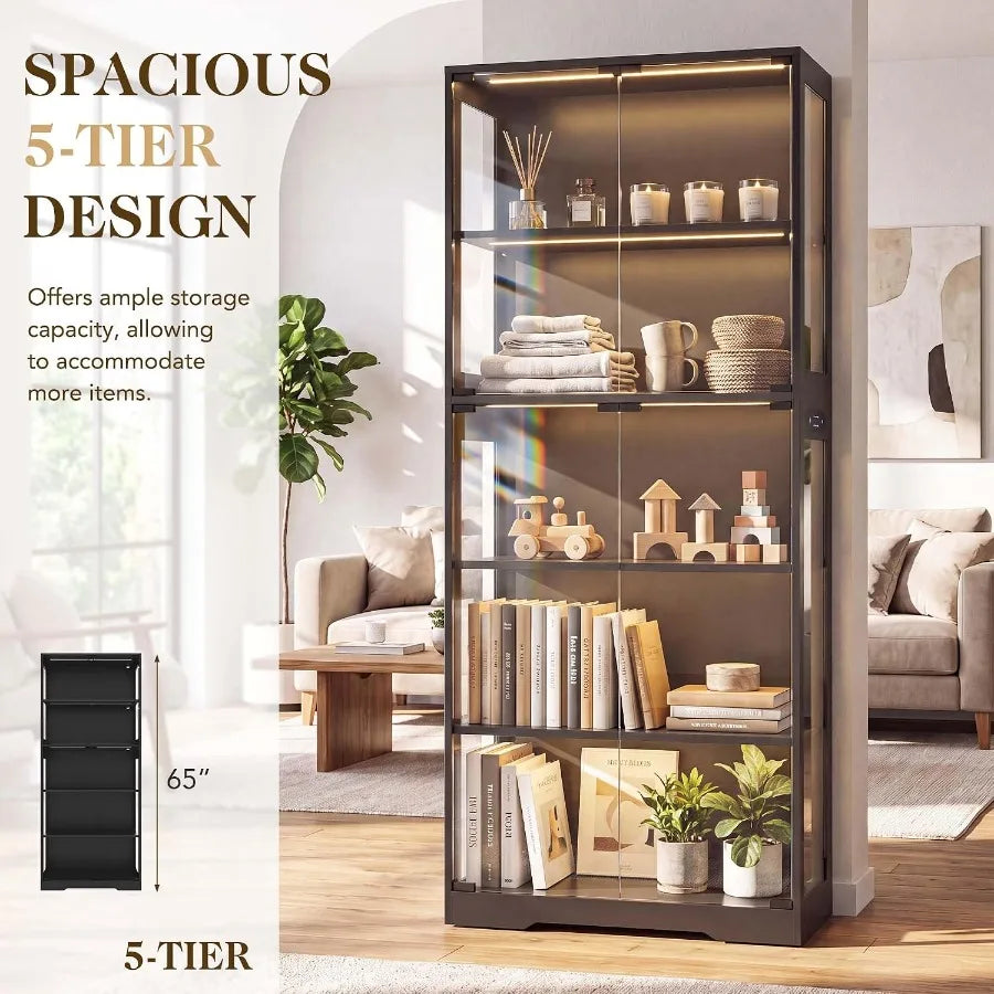 65 Display Cabinet for Living Room, Tempered Glass Doors LED Lights, Black Finish, Space-Saving Design