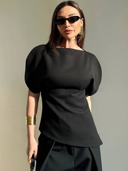 HH Spring Summer Women Casual Asymmetrical T-Shirts Fashion Solid Female O-Neck Short Puff Sleeve Blouse Lady Office Chic Tops