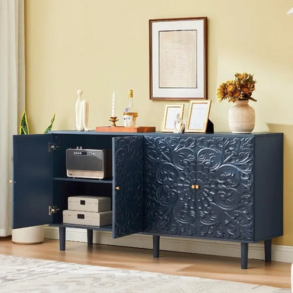 59 Buffet Cabinet with Storage for Dining Room, Midnight Blue Floral Embossed Metal Sideboard with Rust-Resistant Finish