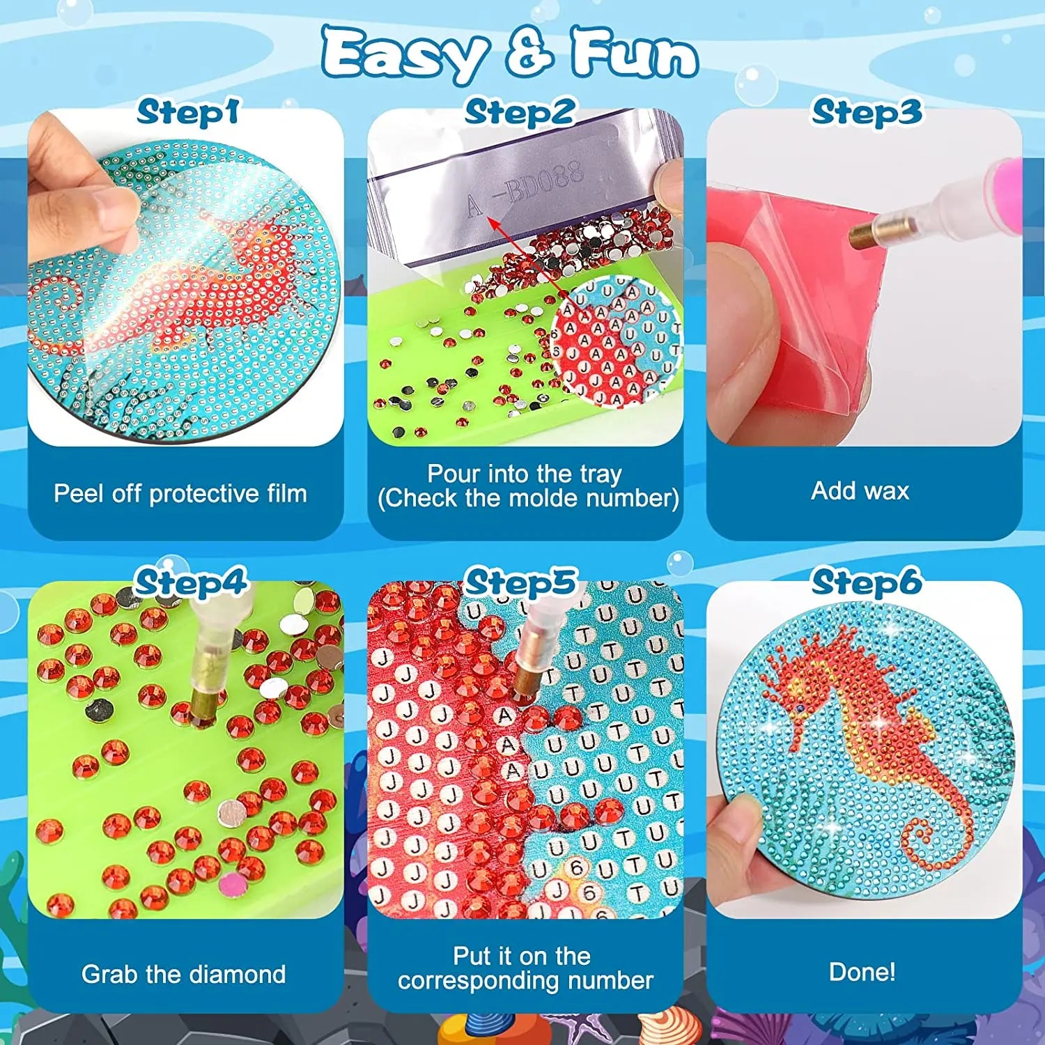 8pcs/Set DIY Diamond Painting Coasters with Holder Anti Slip Wood Drip Mats Crystal Rhinestones Diamond Art Coasters for Adults