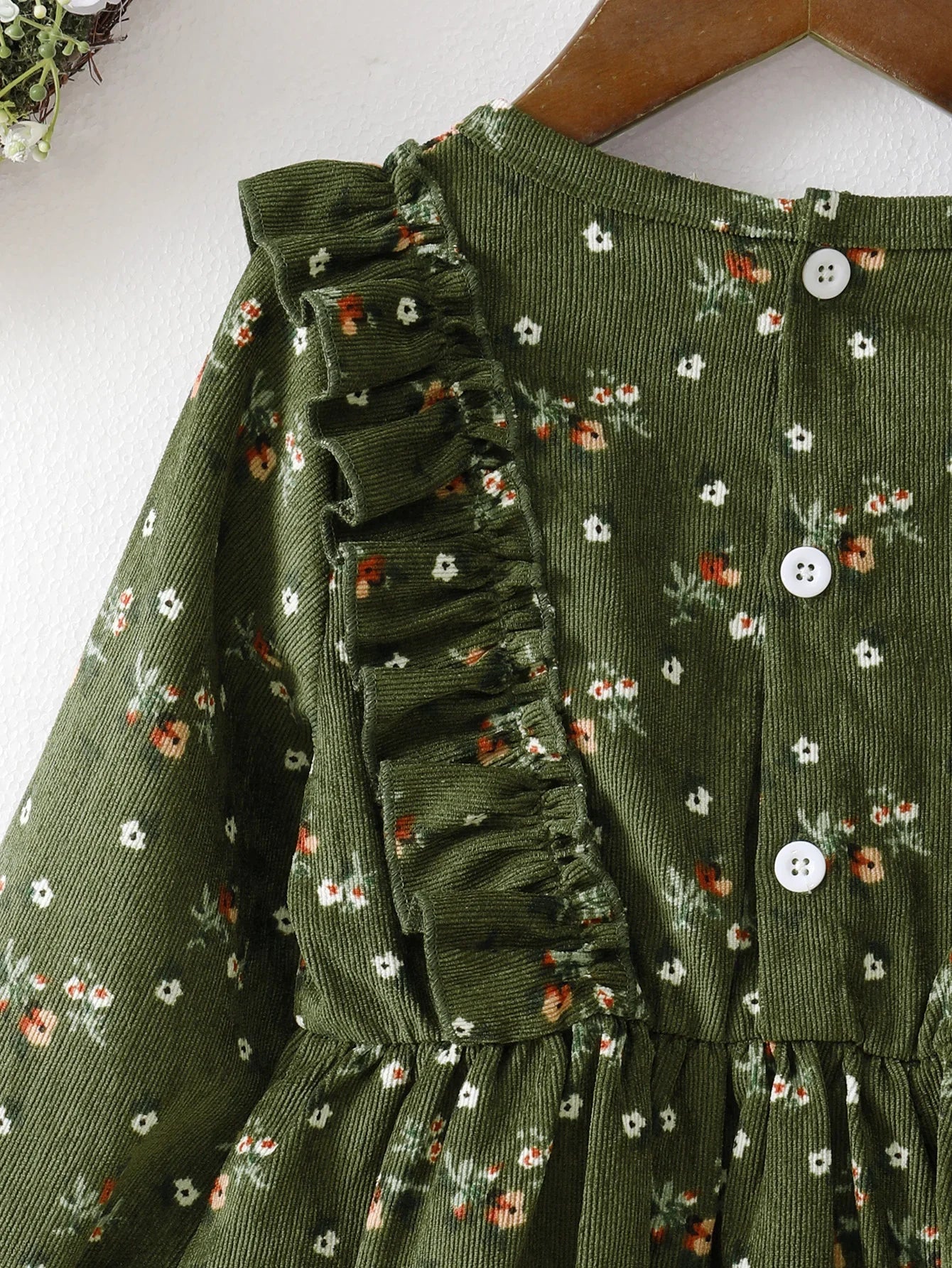 Kids Girls'Green Floral Corduroy Long Sleeved Dress Baby Girl Party Princess Dress For 1-6 Years Fashion Winter Autumn Clothes