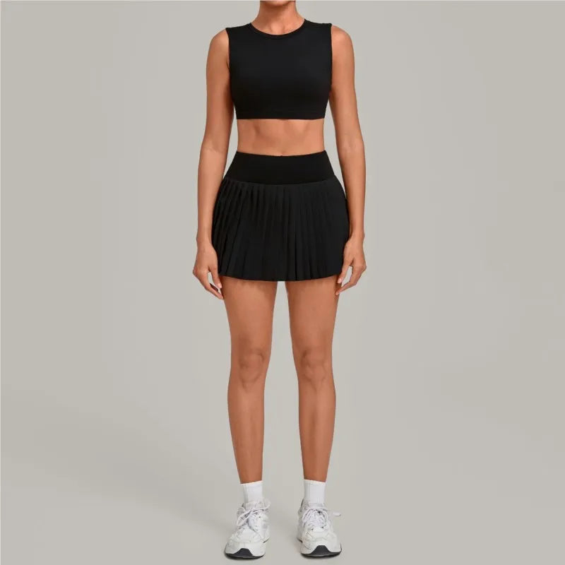2 Piece Women Quick-Dry Sports Shorts Skirt Set O-Neck Long Sleeve Top Running Fitness Workout Athletic Tracksuit Sportswear