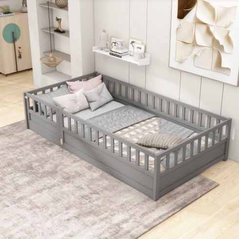 MontessoriPlay™ – Twin Size Wooden Floor Bed with Safety Rails & Door