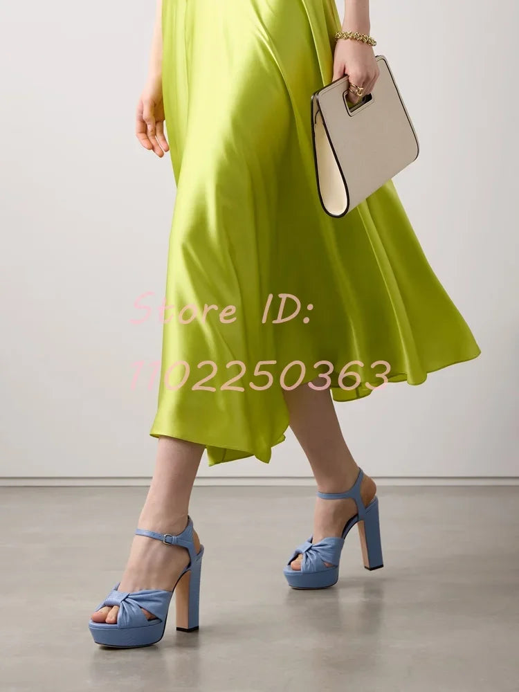 Platform Blue Knotted Straps High Heel Sandals Round Toe Back Buckle Strap Chunky Elegant Pumps 2025 Women Dress Modern Shoes