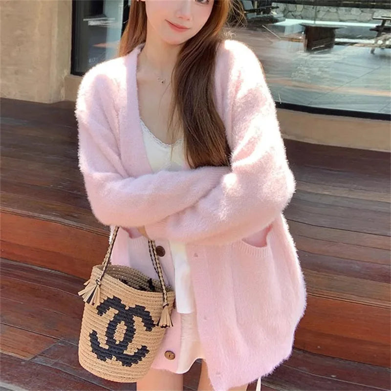 Cardigan Knit Sweater Women Single Breseted V Neck Coat Solid Long Sleeve Splice Jumpers Elegant Coat Loose Autumn Winter