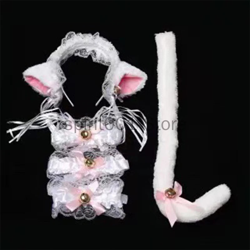 Womens Halloween Maid Lace Cat Ear Headband Hair Accessories Cat Ear Headband Long Tassel Japanese Animation Cosplay Accessories