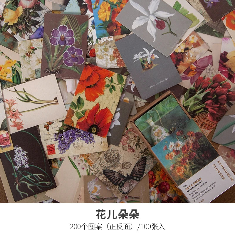 100pcs Vintage Plant Butterfly Material Paper Double-sided Printing Retro Memo Pads Notes Card Scrapbooking Diary Journals DIY
