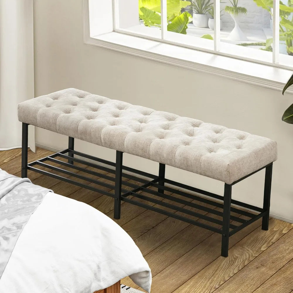 55.5" End of Bed Bench, Modern Chenille Button Tufted Bedroom Bench, Upholstered Storage Shoe Bench with Metal Base, Dinning Tab