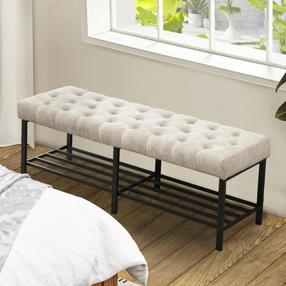 55.5" End of Bed Bench, Modern Chenille Button Tufted Bedroom Bench, Upholstered Storage Shoe Bench with Metal Base, Dinning Tab
