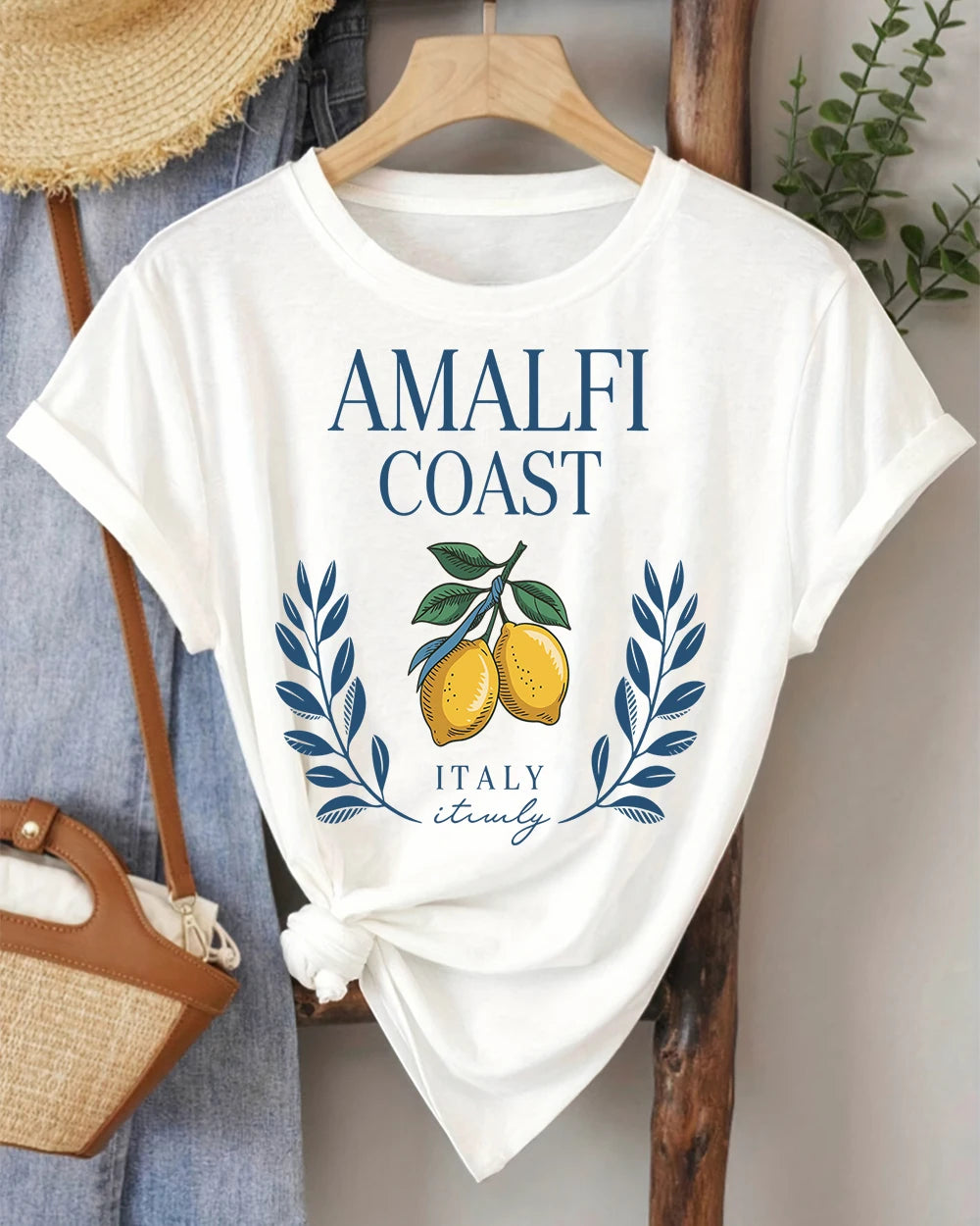 Amalfi Coast Lemon From Italy Printing Retro T-Shirts Women Breathable O-Neck Tee All-Match Soft Top Casual Female Short Sleeve