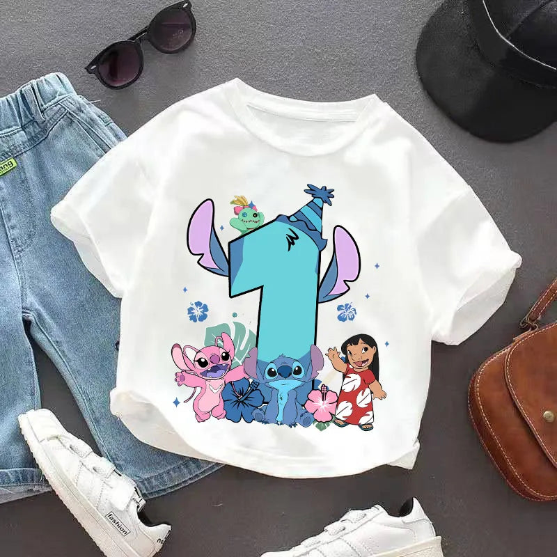 Lilo Stitch T-shirt for Kids Clothes Birthday Number 1-9 Print Children Clothing Cute Anime Tee Party Wear Cotton Baby Tops Gift