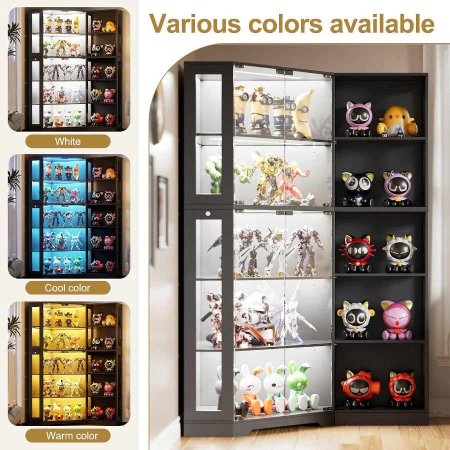 Corner display curio cabinet with glass doors and LED lights for collectibles storage in living room, black tempered glass and