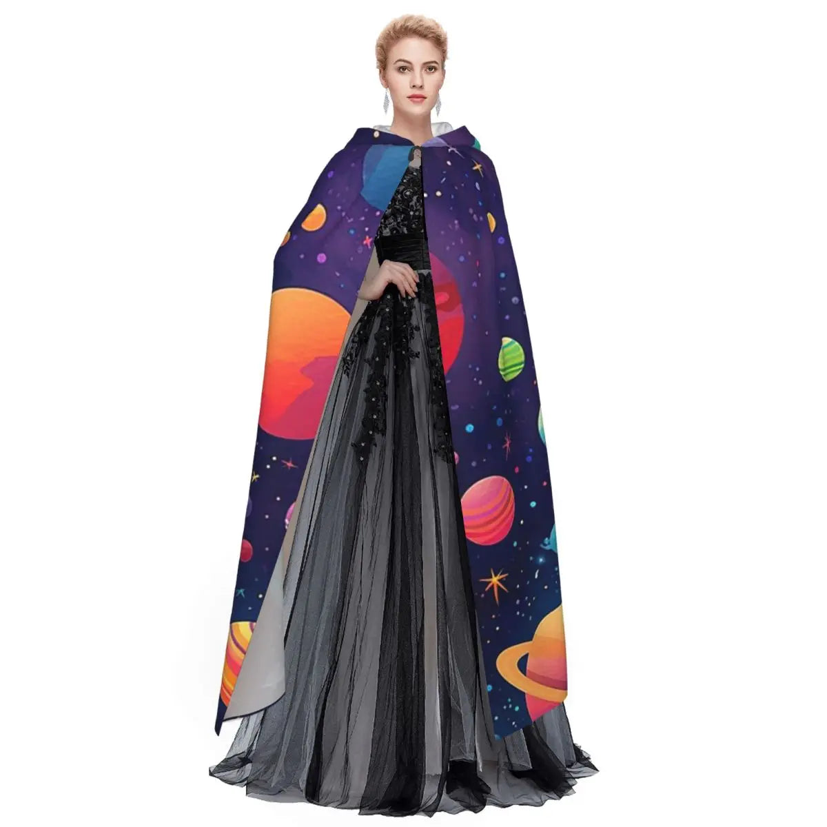 Solar System Space Planets Universe Long Hooded Cloak Witch Medieval Costume Cosplay Cape HalloweenVampire Adult Unisex