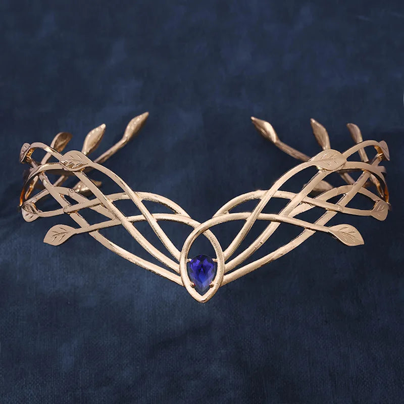 Luxury Tiaras Headbands for Women Leaf Crystal Crown Goddess Cosplay Forehead Round Elves Crowns Bridal Hair Accessories