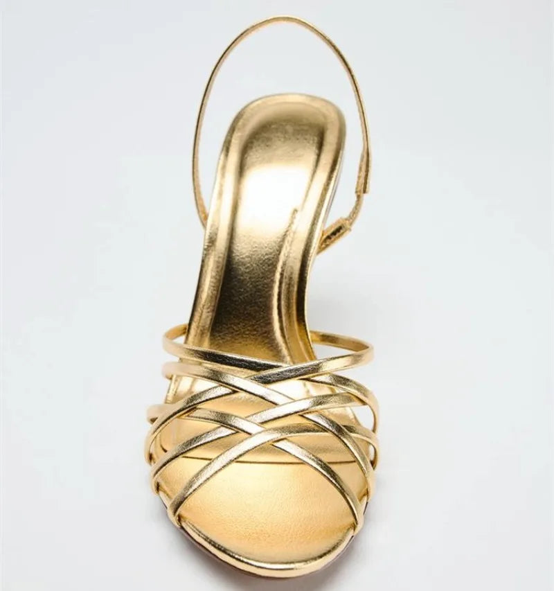 Luxury Gold Heeled Sandals Women Sexy Cross Narrow Strap Hollow Thin Heeled Bridal Pumps Fashion Back Strap Banquet Dress Heels