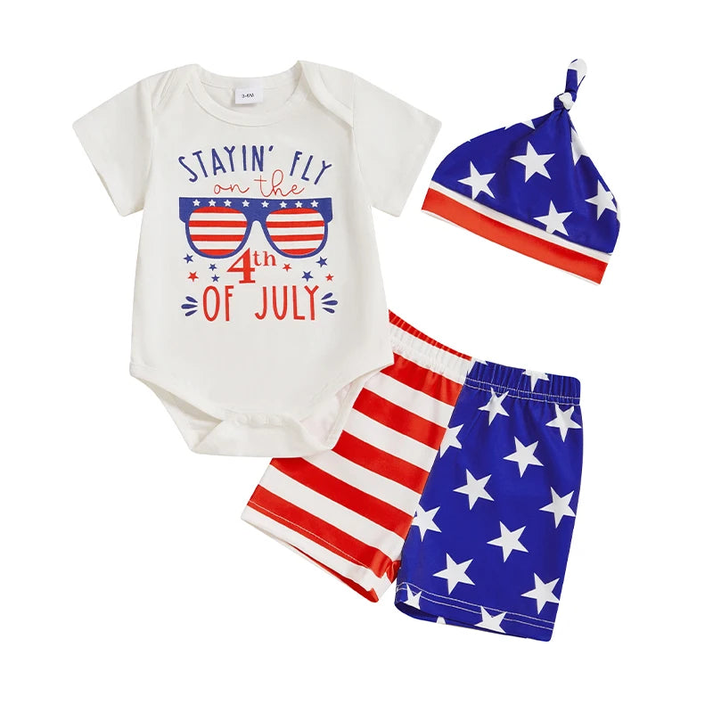 Baby Boys Patriotic Outfit Short Sleeve Jumpsuit and Elastic Star Stripe Shorts and Hat Set 3 Piece Clothes Set