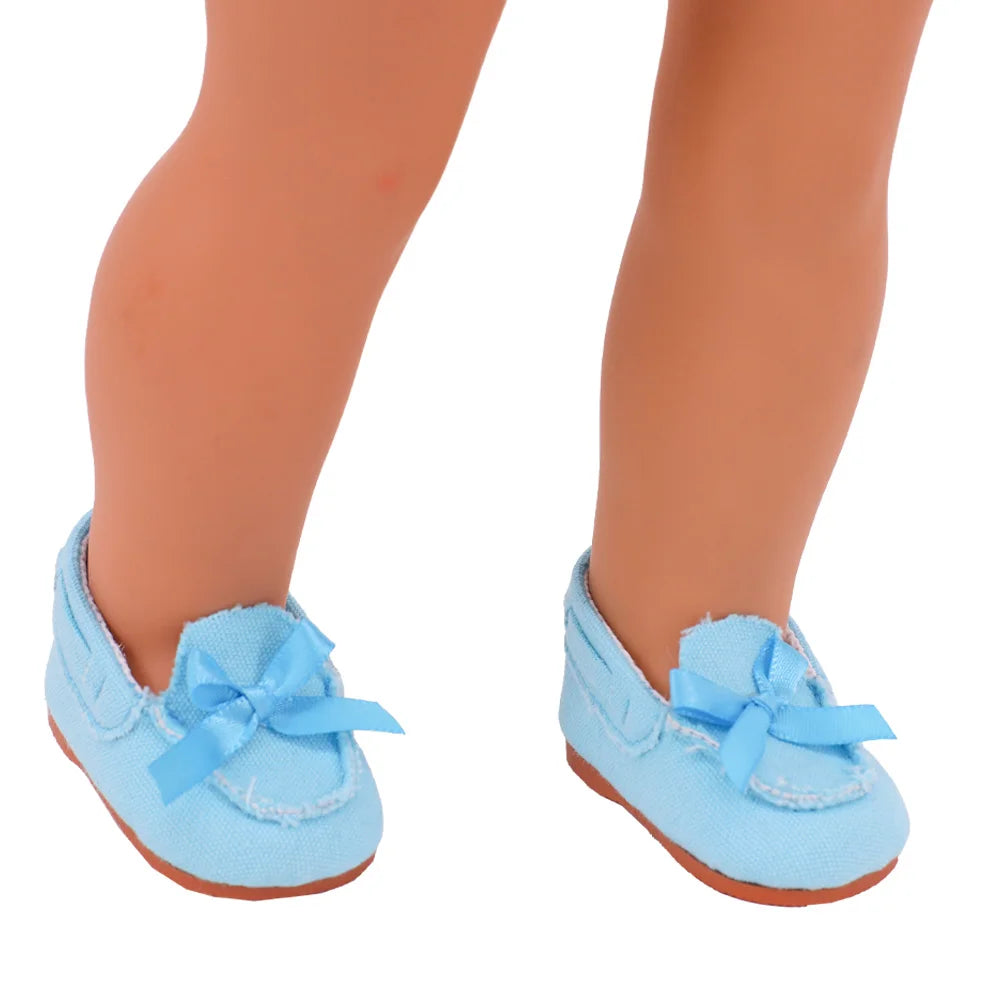 7Cm length Doll Shoes For 18 inch Girls American & 43Cm Baby New Born Doll Clothes Accessories Flowers/Bows Stamp Canvas Shoes
