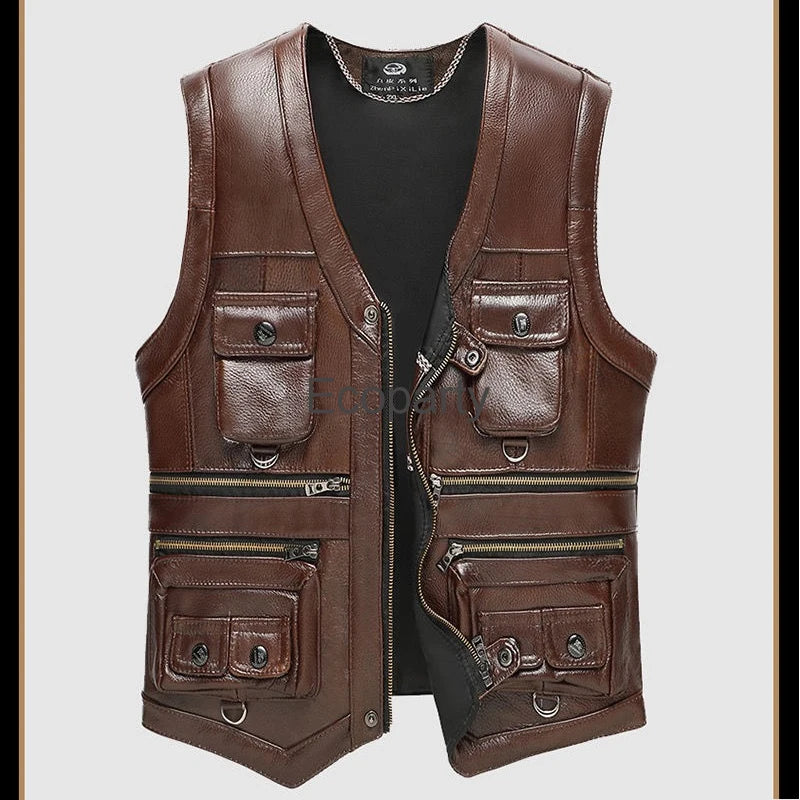 2024 Autumn Winter Leather Vest Men's Zipper Waistcoat Steampunk Sleeveless Motorcycle Jackets Casual Multiple Pockets Coat