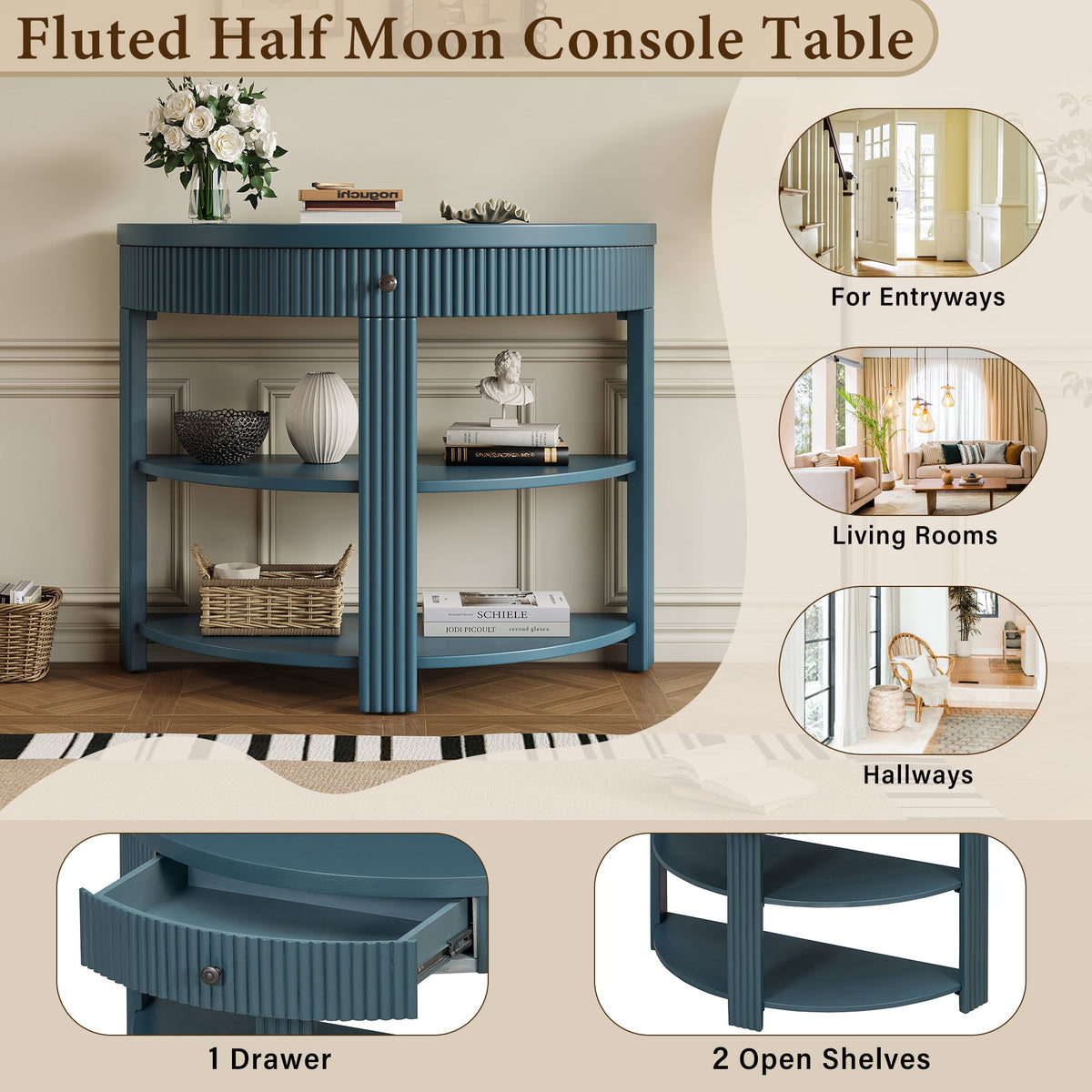 Fluted Half Moon Console Table with Drawer and 2 Shelves for Entryway,