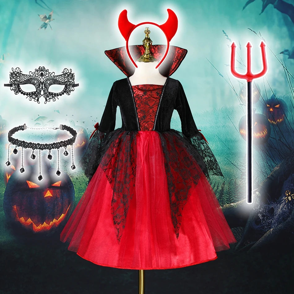 Baby Girls Halloween Witch Costume Children Cosplay Vampire Princess Dresses Kids Dress Up Clothes With Hat Carnival Party Gift