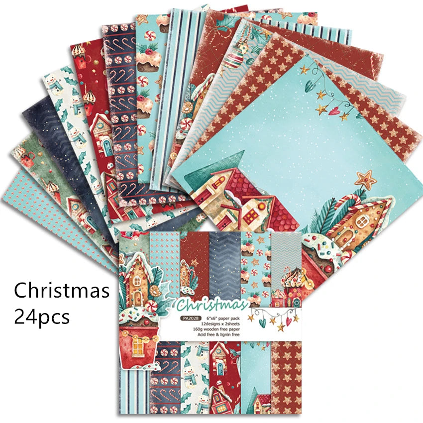 12/24 Vintage Scrapbooking Papers 6 inch Christmas Winter Design Pattern Paper for DIY Album Scrapbook Junk Journal Supplies