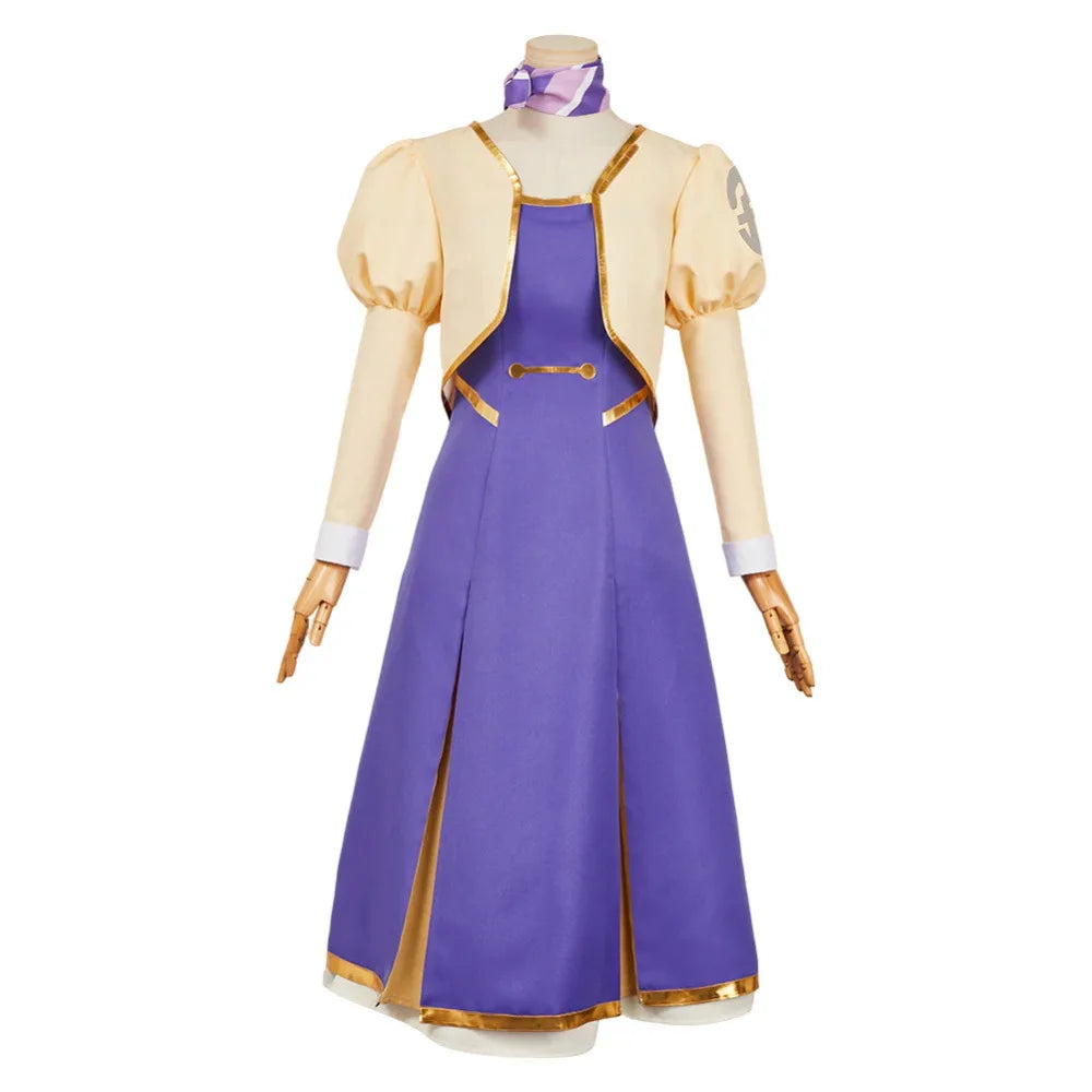 Anime Apocalypse Hotel Hotel Yachiyo Cosplay Apricot Short Coat Purple Dress Scarf Costume Manager Robot Wig  Woman Uniform Suit