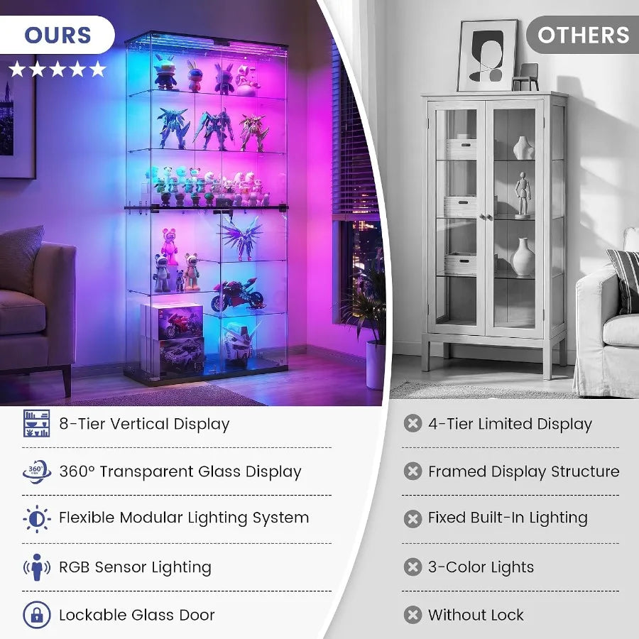 Full Glass Display Cabinet for Collectibles: Tempered Glass, Black, RGB Lights with Adjustable Brightness