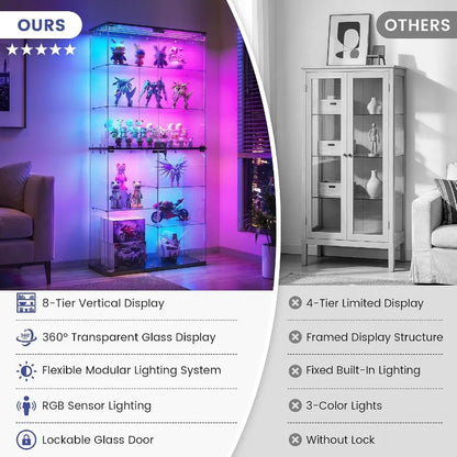 Full Glass Display Cabinet for Collectibles: Tempered Glass, Black, RGB Lights with Adjustable Brightness