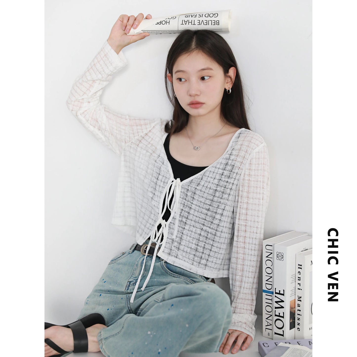 CHIC VEN Women Cardigan Loose Casual New Solid V-neck Lace Up Knitted Sweaters Hollow Out Female Short Coat Spring Autumn 2025