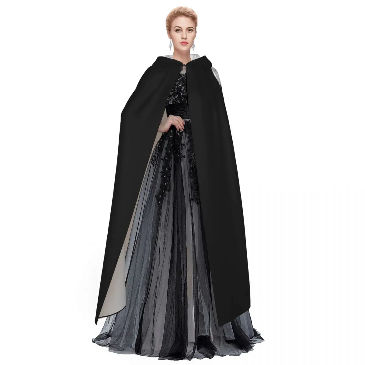 Playing Cards Queen Clubs distressed Design Long Hooded Cloak Witch Medieval Costume Cosplay Cape HalloweenVampire Adult Unisex