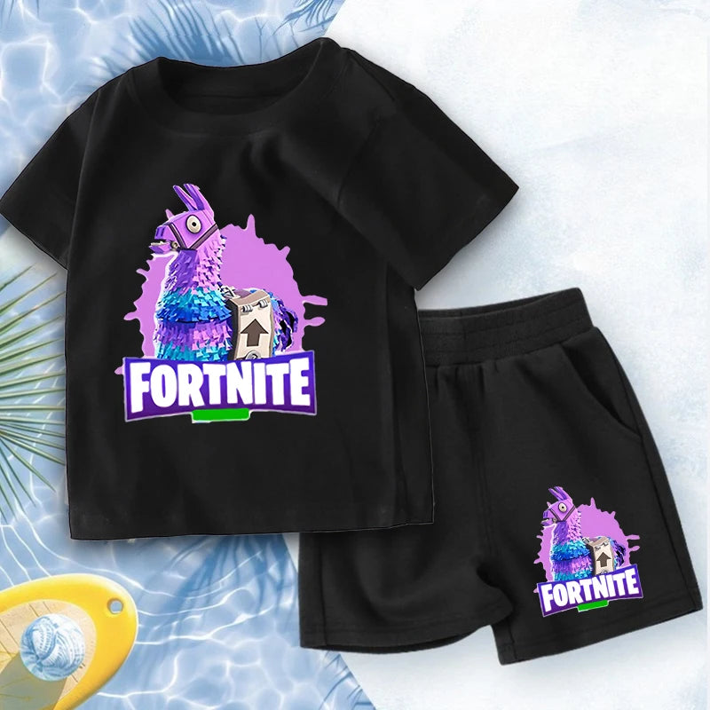 FORTNITED Anime Boy Summer T-shirt Set Kid Cotton Clothes 2pcs Short Baby Tops +Shorts Set Tee Sport Tracksuit Summer Outfits