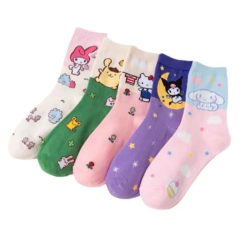 Cartoon Sanrio Hello Kitty Women's Socks My Melody Cute Girl Mid-tube Cotton Socks Kawaii Student Sock Girl Kids Christmas Gift