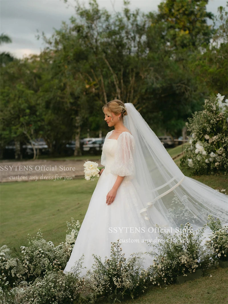 SSYTENS Customized ﻿Elegant Square Neck Wedding Dress Half Sleeves Civil Bridal Dresses A Line Lace Bride Gown Vestido De Novia