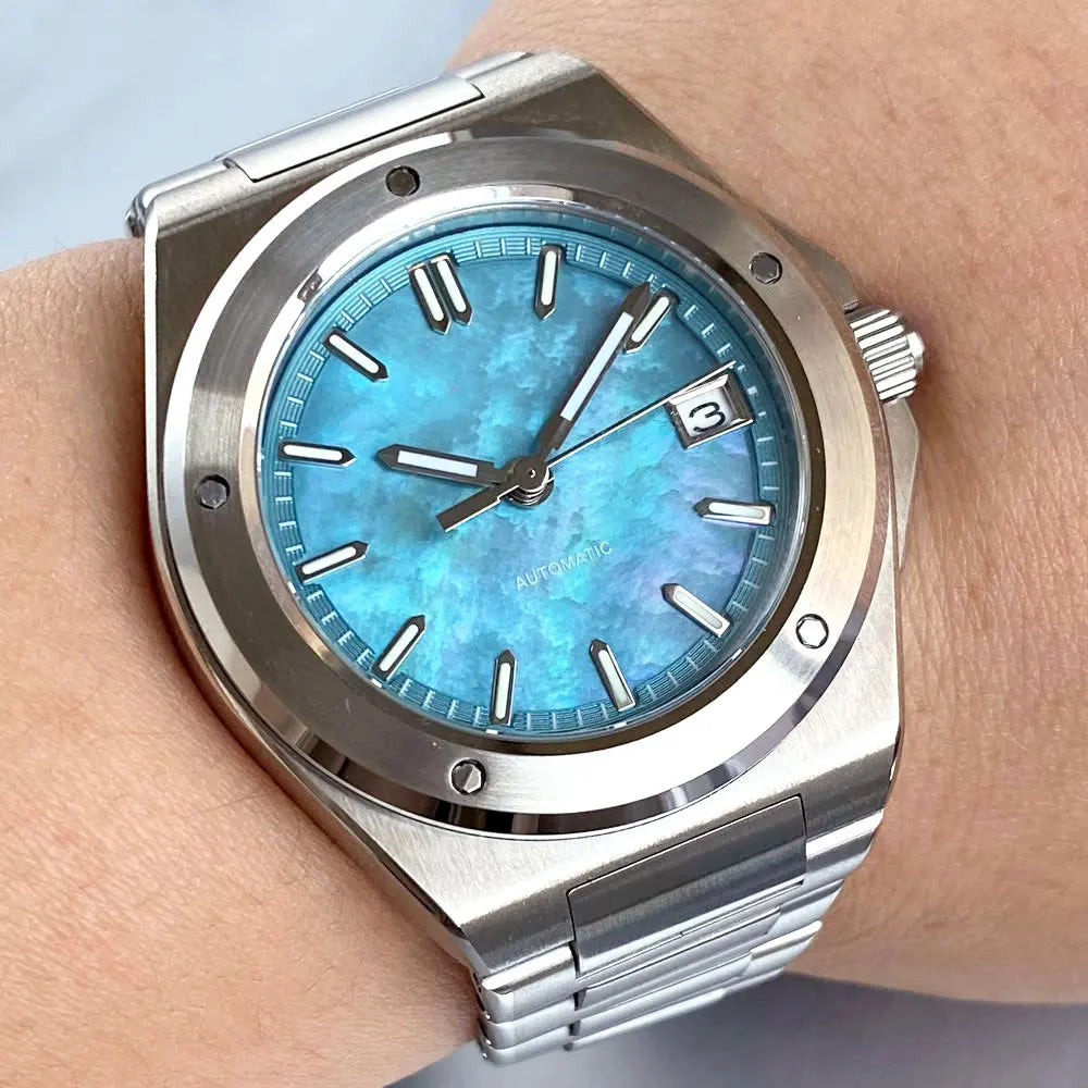 Custom Light Blue Mother of Pearl 40mm Sapphire Crystal Glass 100m Waterproof Japan NH35A Automatic Men Mechanical watch