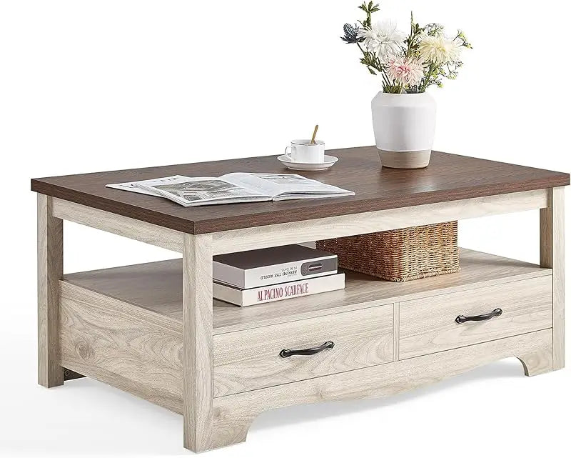 Farmhouse , Wood Coffee Table for Living Room, Open Display Area and Storage Drawers with Me