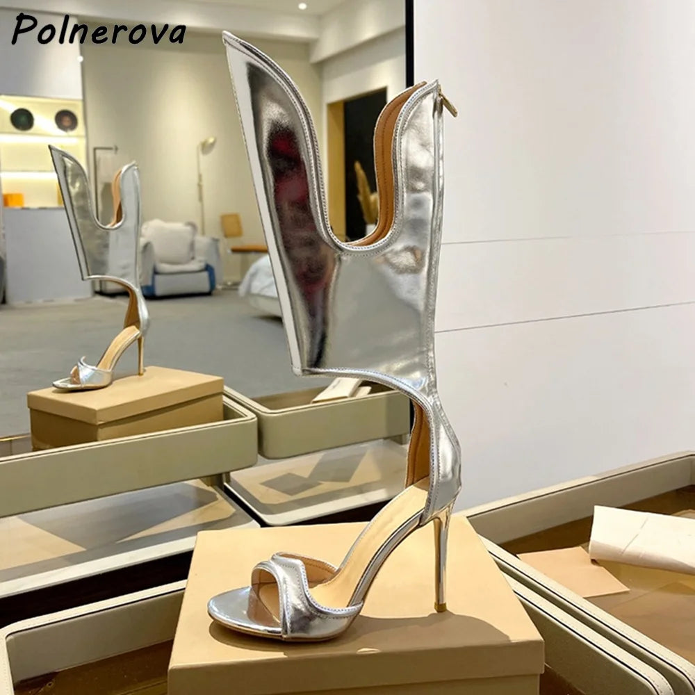 Wave Shape Straight Strap Sandals Ankle Band Silvery Gold Back Zipper Leather Shoes Summer Sexy Stiletto Fashion Sandals 2025