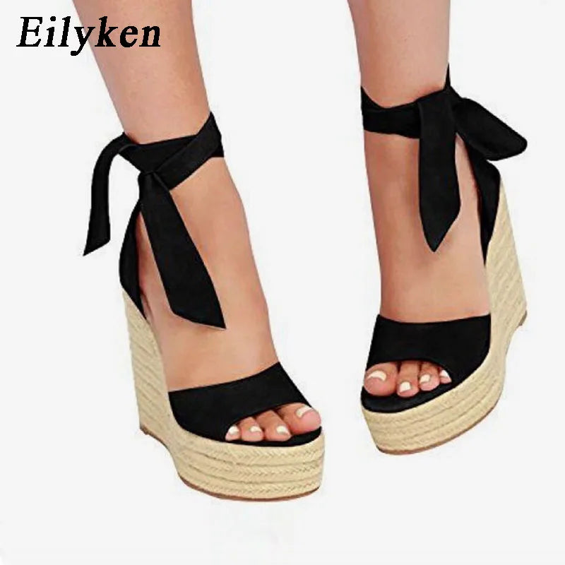 EilyKen Women Summer Butterfly Knot Solid Black Open Toe Sandals Fashion Platform High Heel Wedge Shoes Ankle Bowtie Dress Pumps