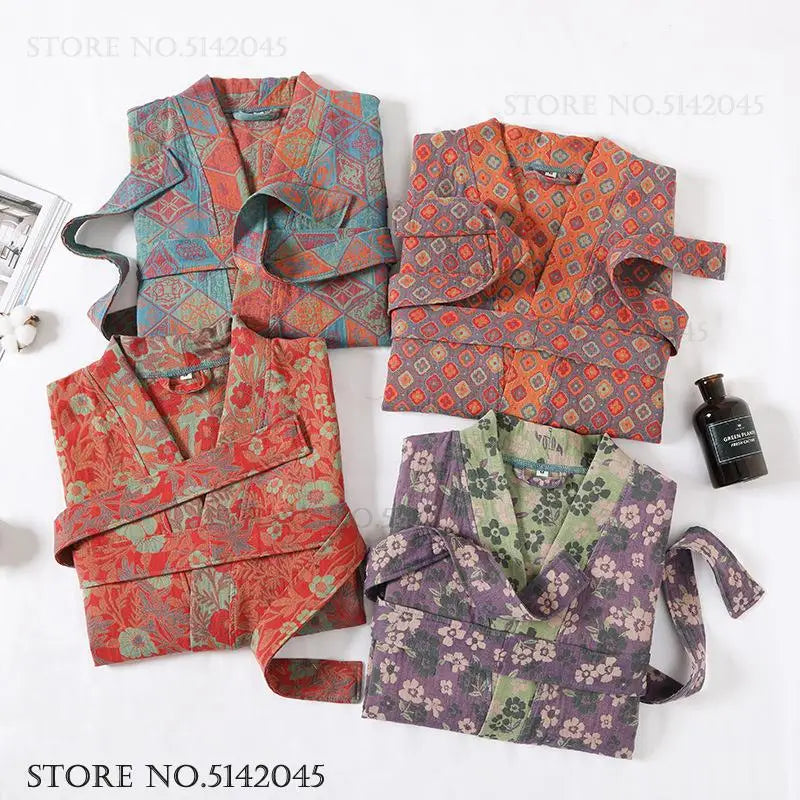 Double Layer Cotton Gauze Long Robe Retro Jacquard Kimono Bathrobe Gown Spring Summer Sleepwear Couple Pijama Loose Lingerie