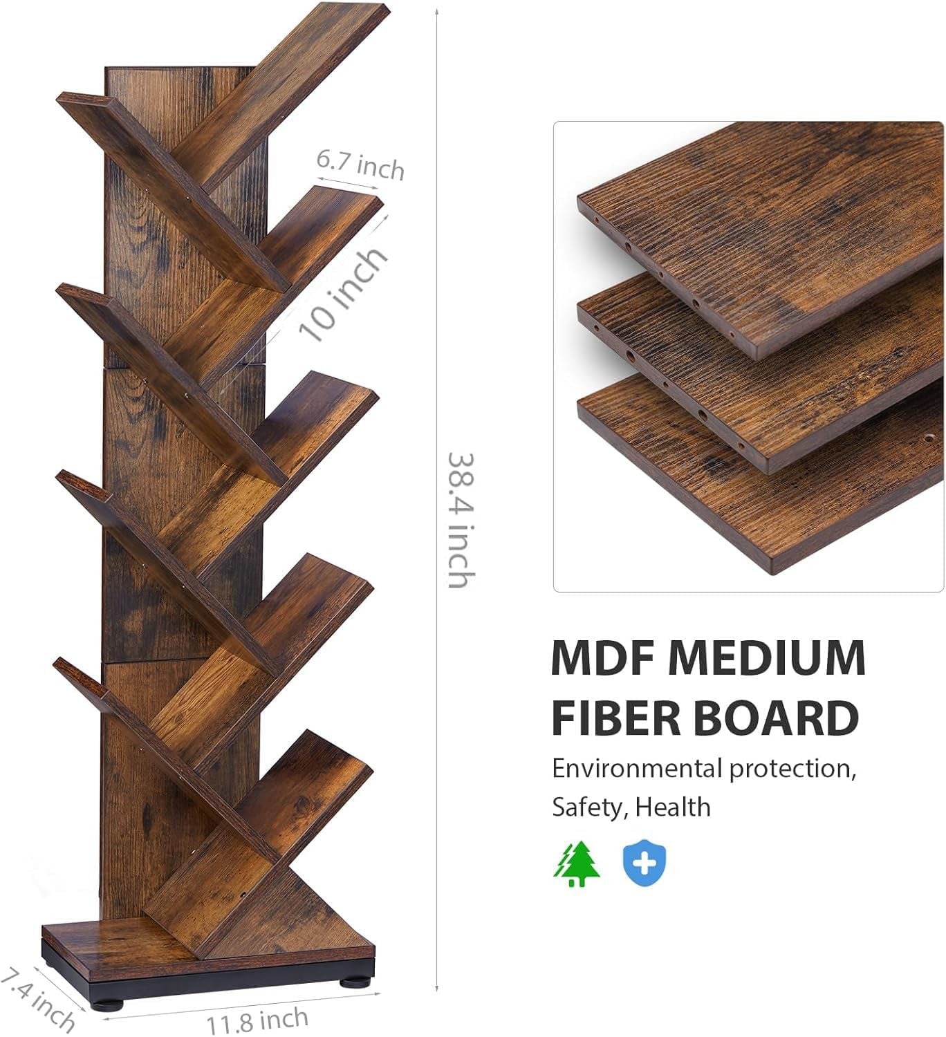 8 Tier Tree Bookshelf Floor Standing Bookcase For Books CDs Rustic