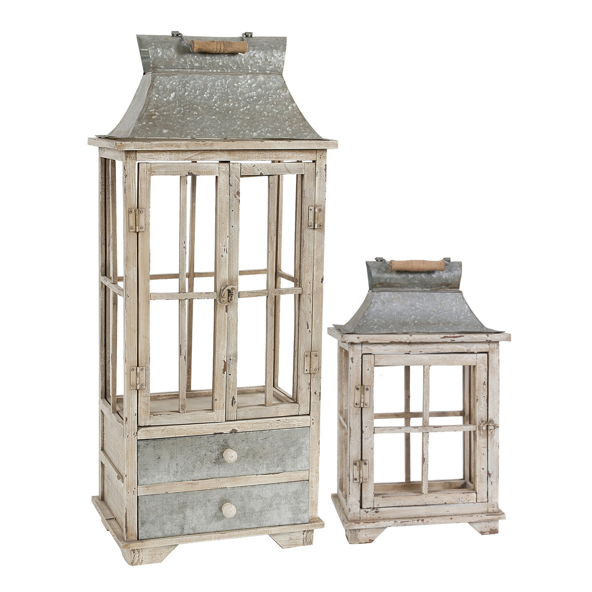 Set of 2 Ivory Wood & Metal Hurricane Candle Lanterns