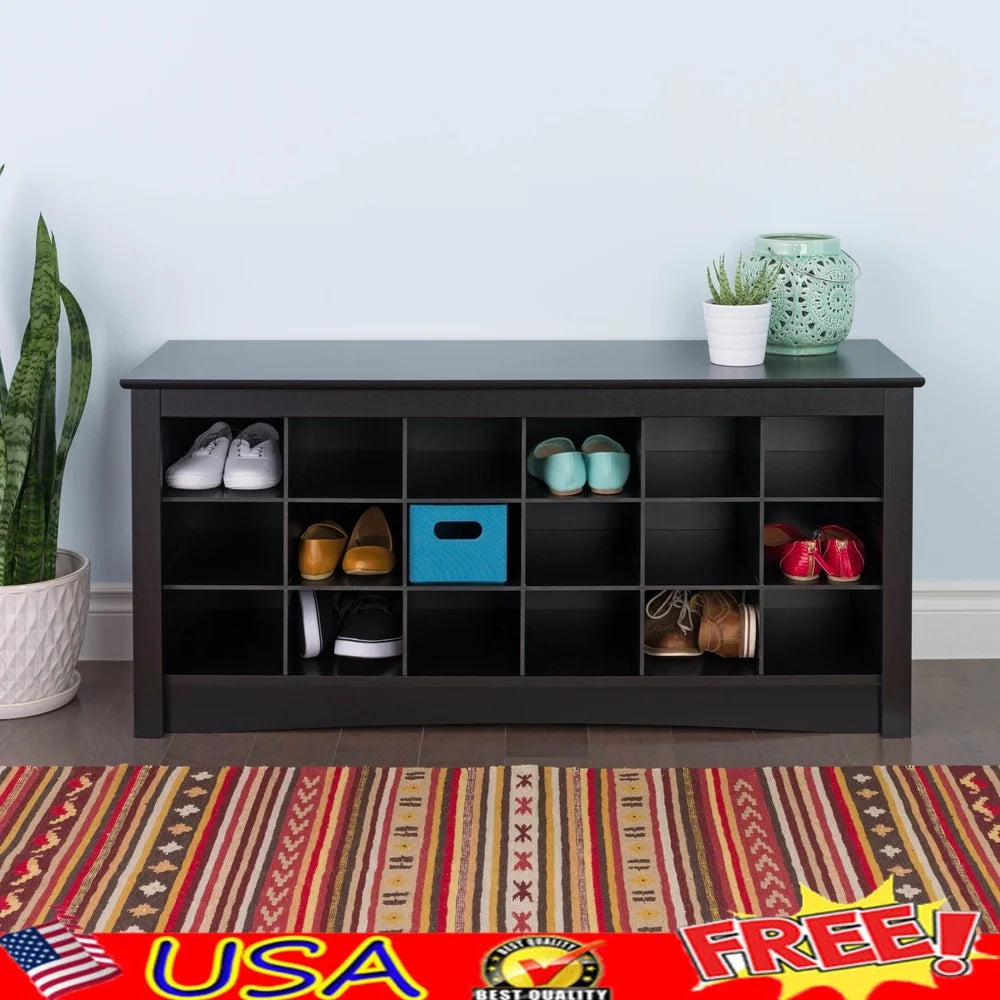 18 Pair Shoe Storage Cubbie Bench Indoor Entryway Organizer Durable Composite Wood Black Easy Assembly Utility Room
