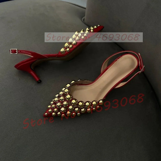 Sexy Pointed Toe Sandals With Metal Ball Spikes Women Bling Slingback Stiletto Sandals Ladies Summer Studded Buckle Straps Shoes