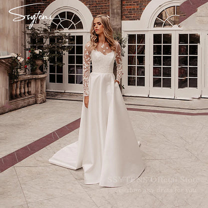 SSYTENS Elegant A Line Wedding Dresses White Appliques Bridal Gowns Illusion Long Sleeve Customized Corset Bride Dresses 2026