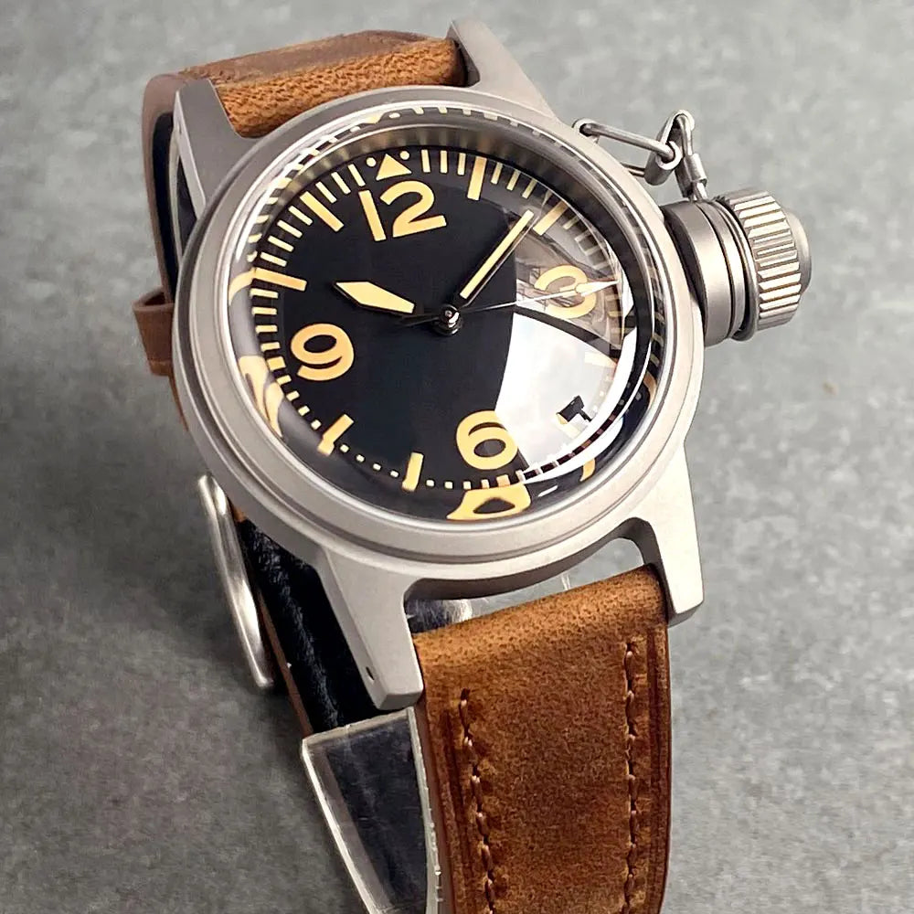 Customized 36MM Automatic NH35/PT5000 Movement Military Field Army Watch Vintage For Men 20ATM Big Crown Double Dome Sapphire