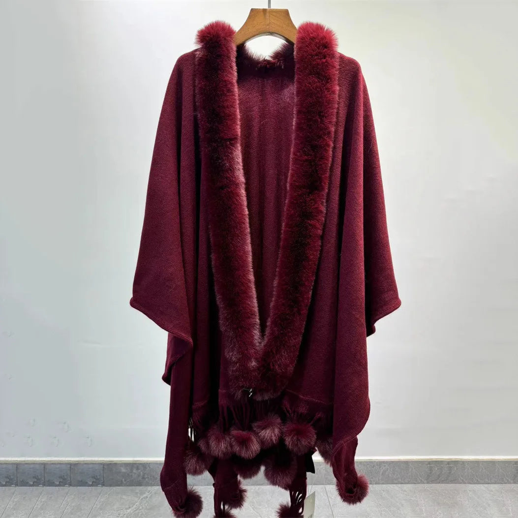 Winter Faux Rabbit Fur Ball Cloak Warm Thick Poncho Shawl Coat Women Big Pendulum Outer Wear Cardigan Long Pompon Cape