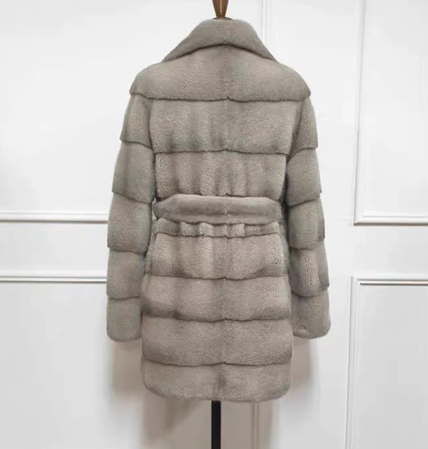 Real Mink Fur Coat for Women, Flip Tie Belt Coat, Warm and Fashionable, Winter