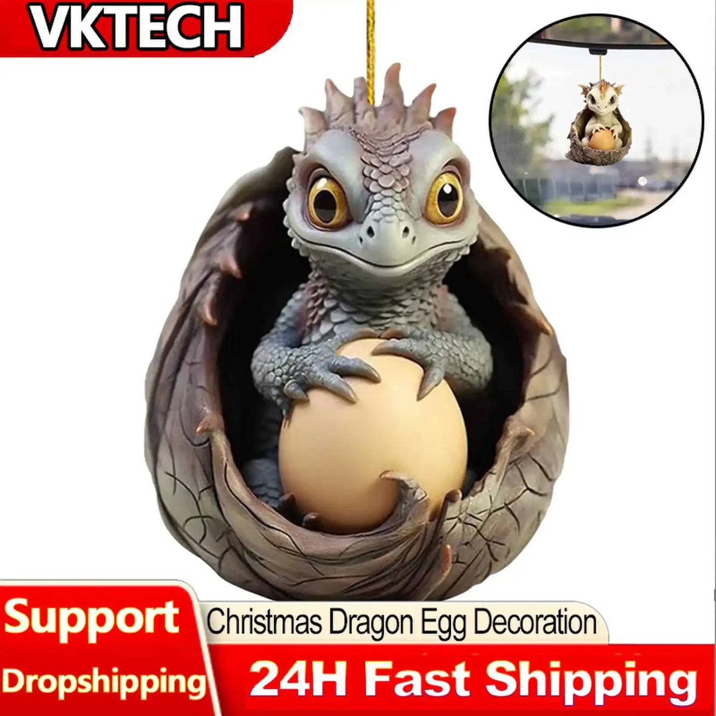 2D Acrylic Dragon Baby Egg Ornament Christmas Dragon Egg Tree Pendant Cartoon Car Keychain Hanging Decoration Xmas Cute Decor