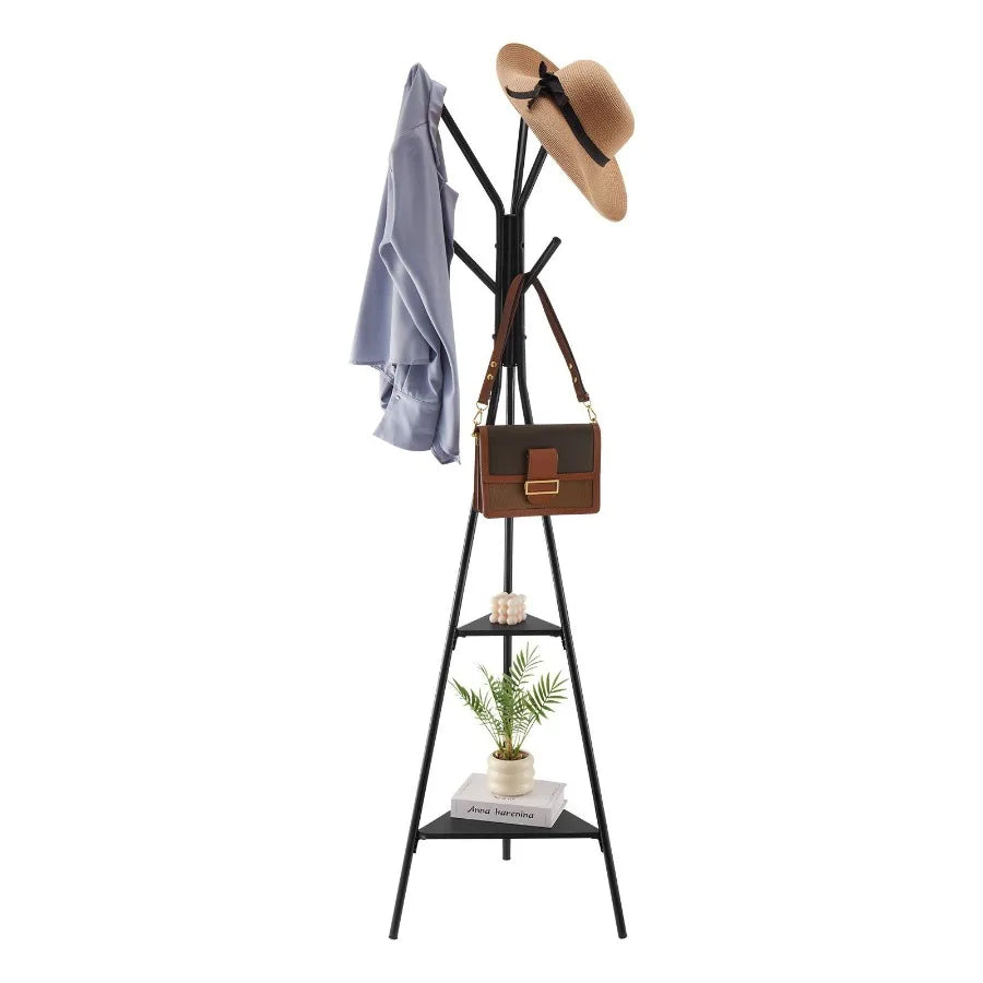 Coat Rack Freestanding Coats Rack Stand with 2 Shelves 6 Hooks