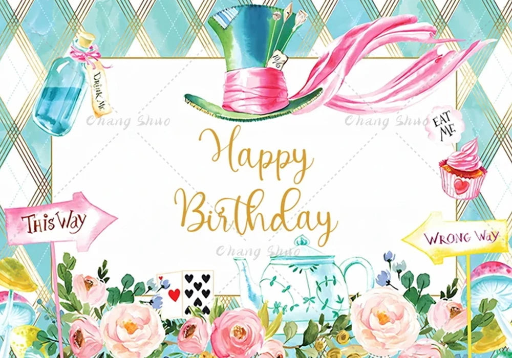 Tea Party Background Princess First Birthday Party Decorations Card Magic Rabbit Alice in Wonderland Baby Shower Photo Backdrop