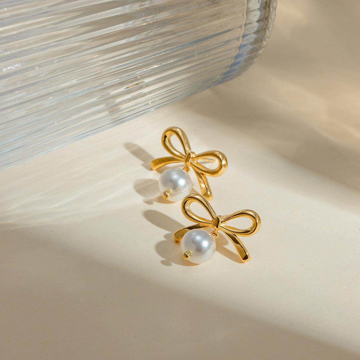 Stainless Steel Bow Pearl Earrings for Elegant Style